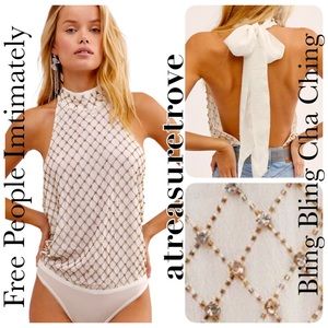 Free People Bling Bling Cha Ching XS 0 / 2 Ivory Rhinestone Tie-Bow Back Top